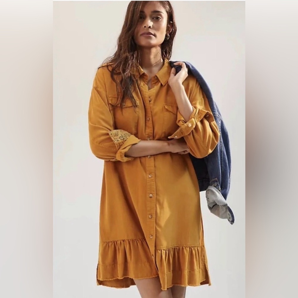 Pilcro Shirt Dress Button down Gold Tunic Babydoll, Size S